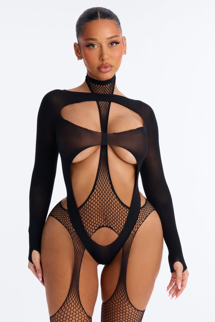 Forbidden Obsession Fishnet Suspenders Cut Out 2 Piece Set - Black