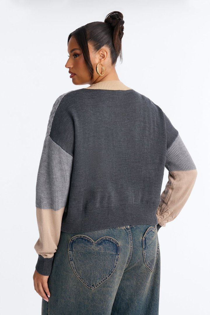 Good Form Cropped Color Block Sweater - Grey/combo