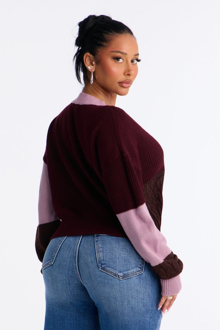 Good Form Cropped Color Block Sweater - Raspberry/Combo