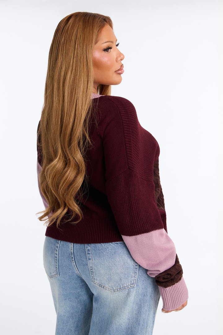 Good Form Cropped Color Block Sweater - Raspberry/Combo