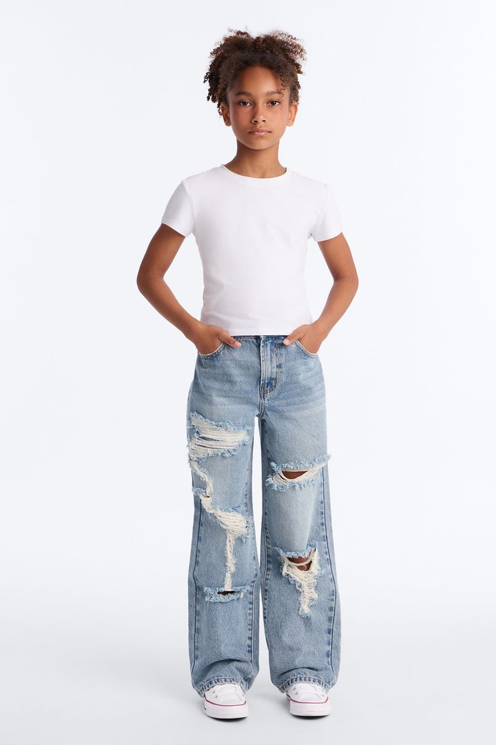 Mini Seeking Thrills Shredded Straight Leg Jeans - Medium Wash