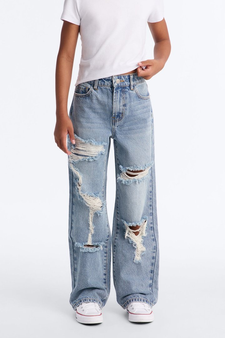 Mini Seeking Thrills Shredded Straight Leg Jeans - Medium Wash