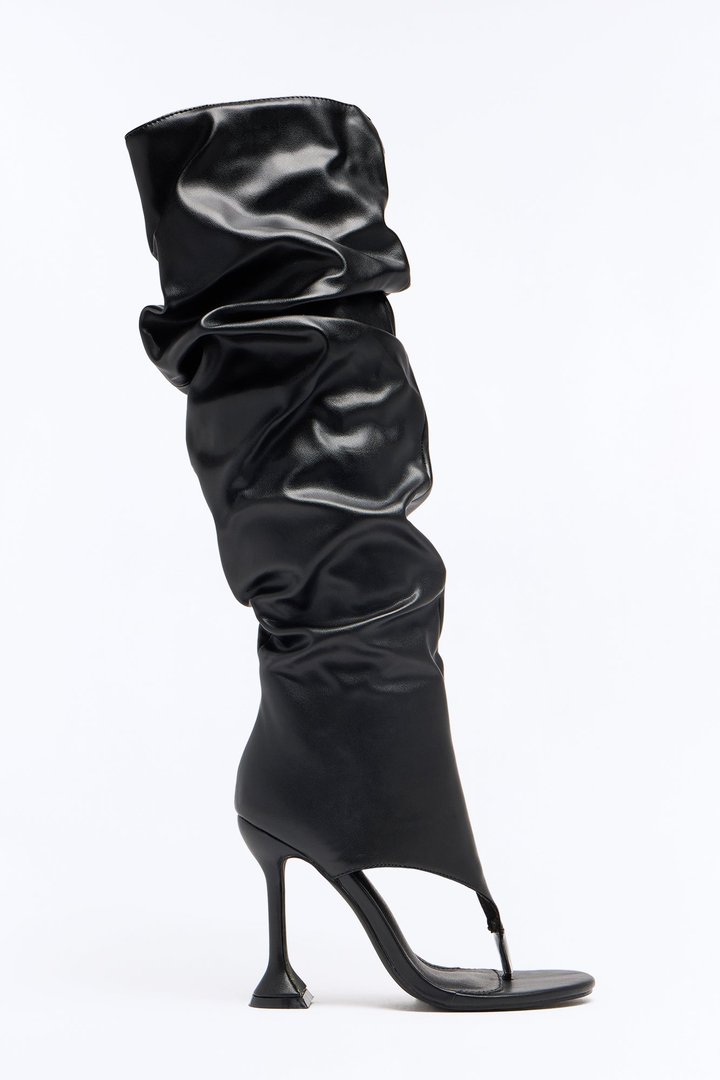 Abelinne Ruched Knee High Thong Boots - Black