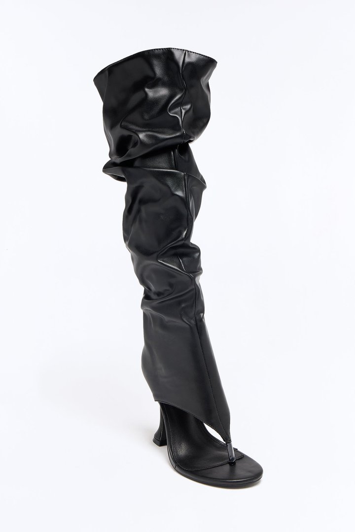 Abelinne Ruched Knee High Thong Boots - Black