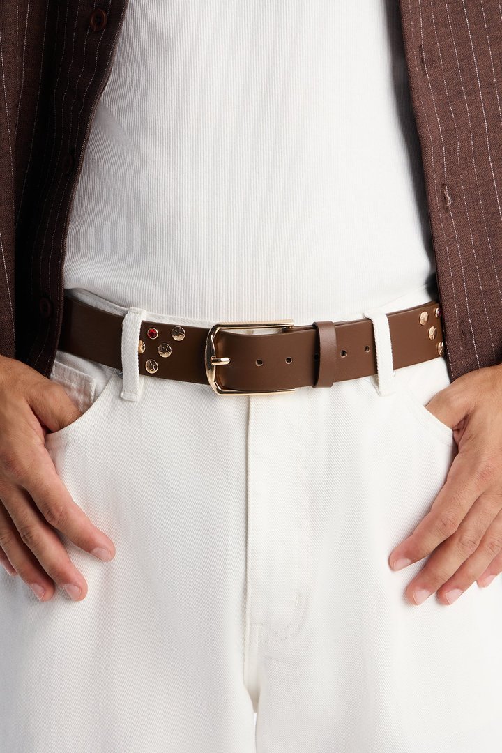 Rockstar Faux Leather Studded Belt - Gold/Brown