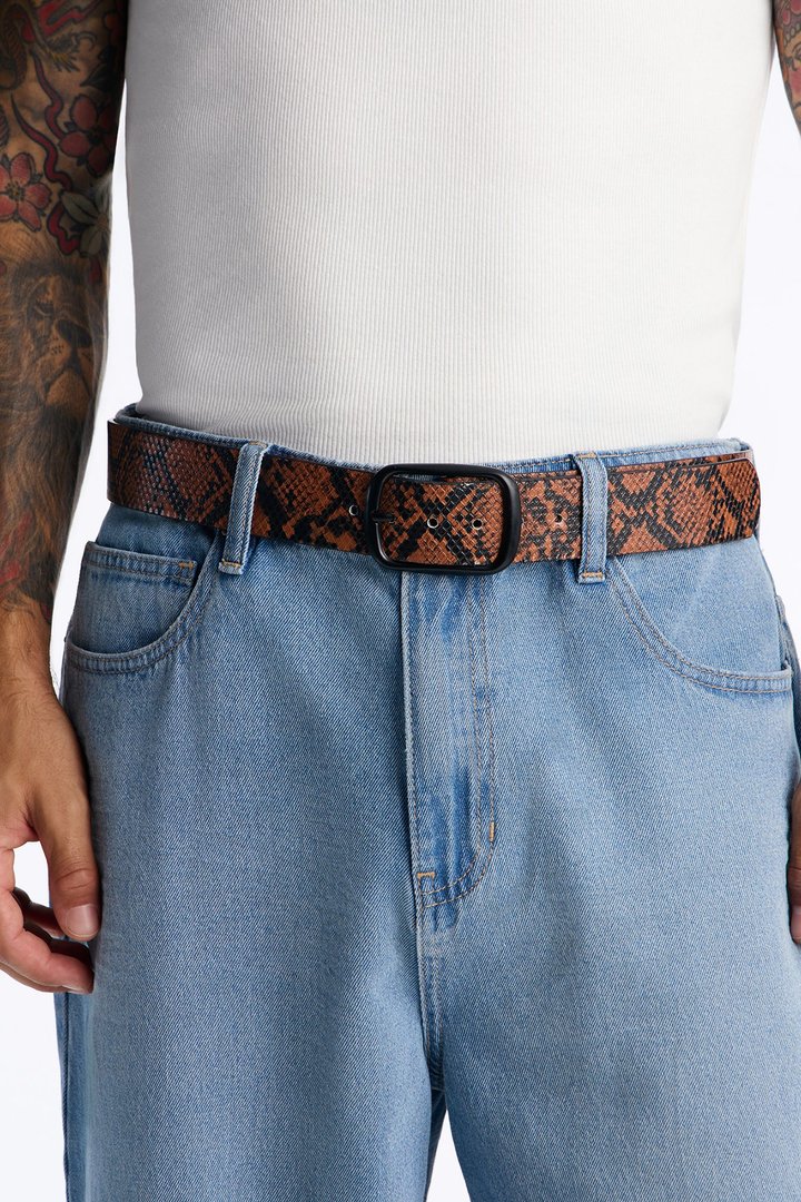 Snake Embossed Faux Leather Buckle Belt - Brown/combo