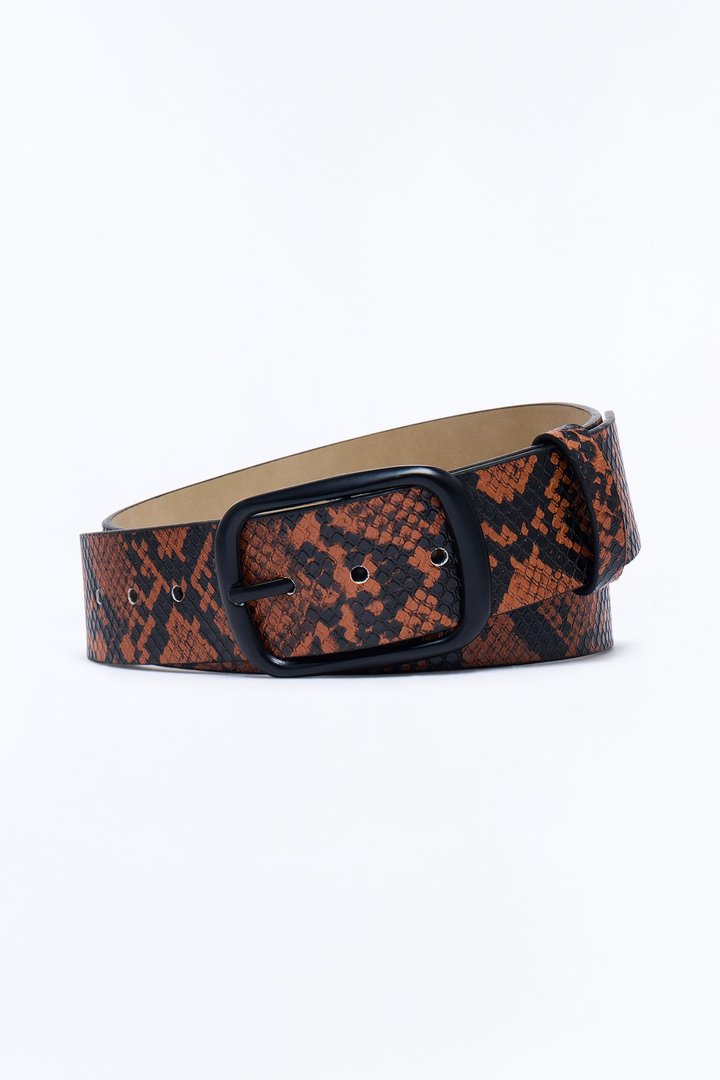 Snake Embossed Faux Leather Buckle Belt - Brown/combo