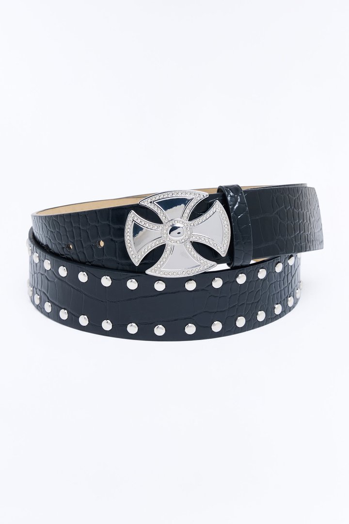 Studded Faux Leather Croc Embossed Belt - Black