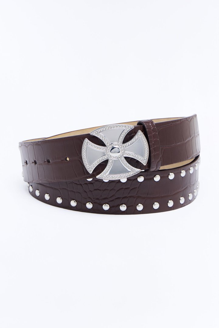 Studded Faux Leather Croc Embossed Belt - Dark Brown