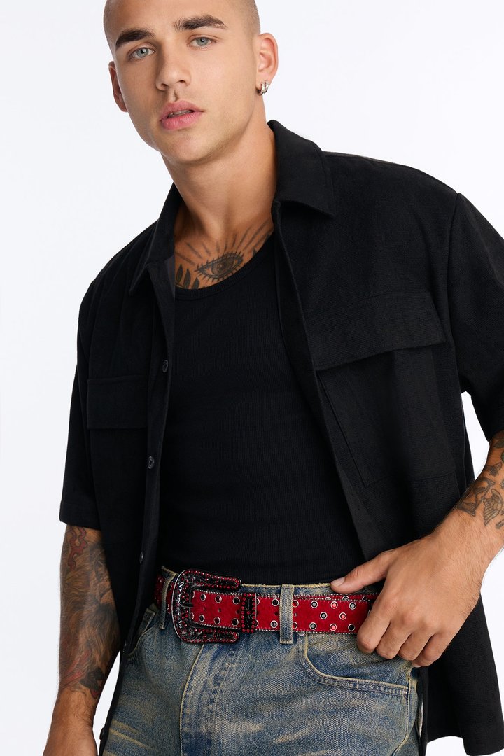 Rhinestone Embellished Faux Pony Hair Western Buckle Belt - Red