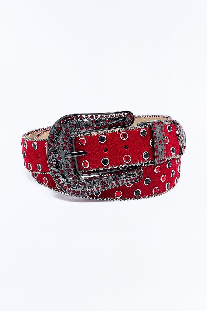 Rhinestone Embellished Faux Pony Hair Western Buckle Belt - Red