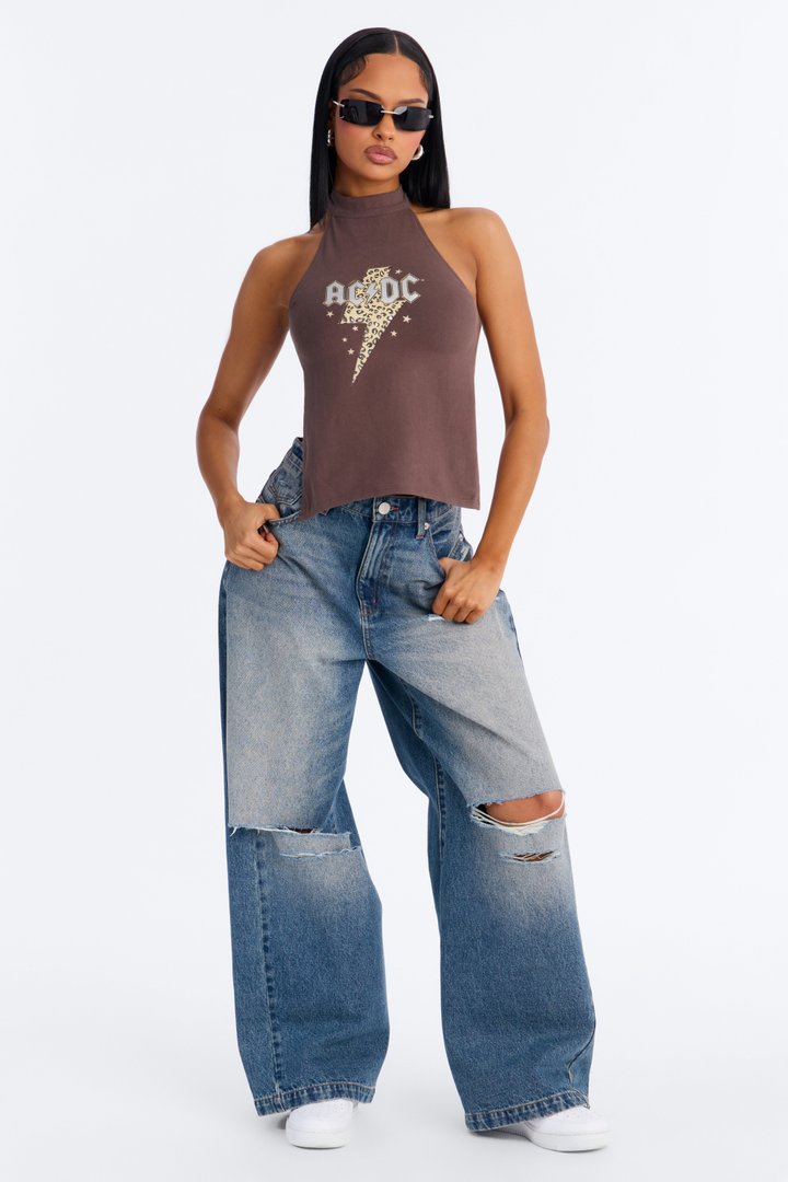 ACDC Mock Neck Backless Halter Top - Chocolate