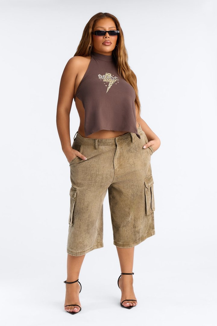 ACDC Mock Neck Backless Halter Top - Chocolate