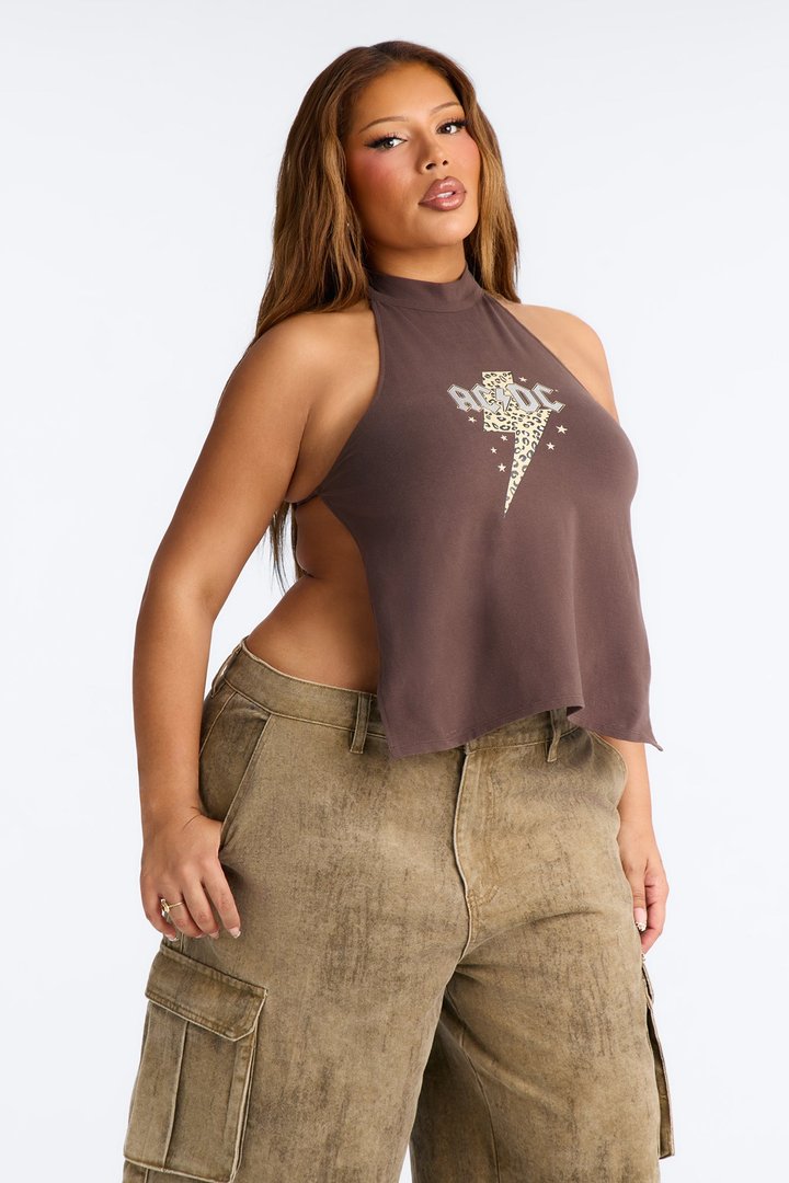 ACDC Mock Neck Backless Halter Top - Chocolate