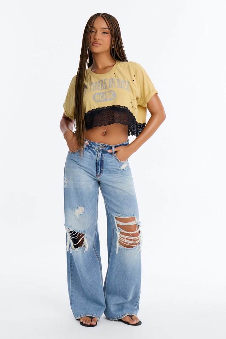 Let There Be Rock ACDC Destructed Lace Crop Tee - Yellow
