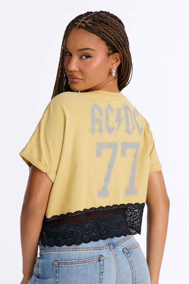 Let There Be Rock ACDC Destructed Lace Crop Tee - Yellow