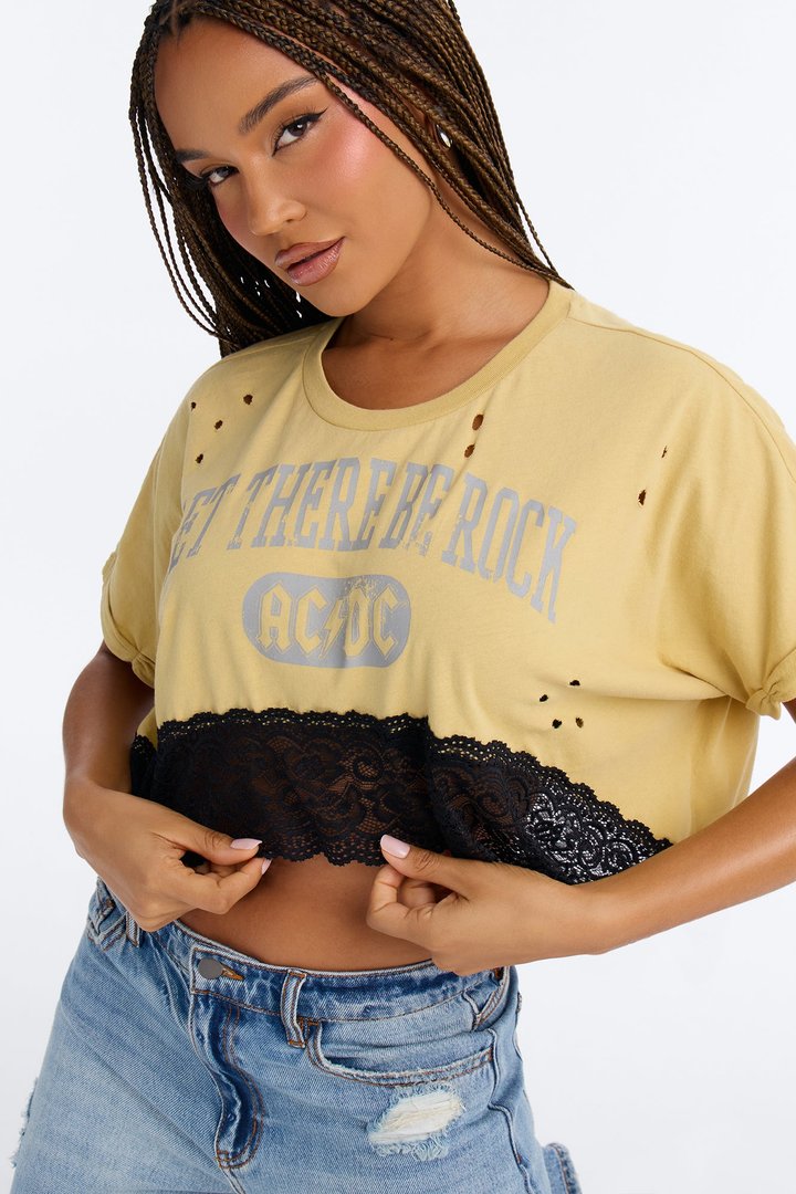 Let There Be Rock ACDC Destructed Lace Crop Tee - Yellow
