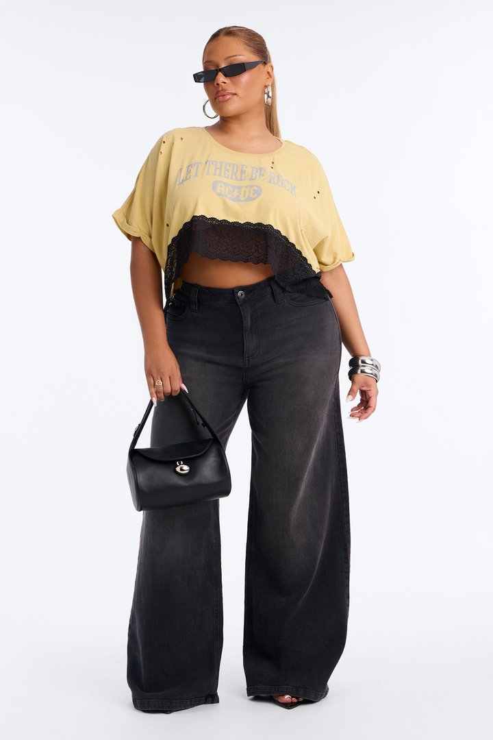 Let There Be Rock ACDC Destructed Lace Crop Tee - Yellow