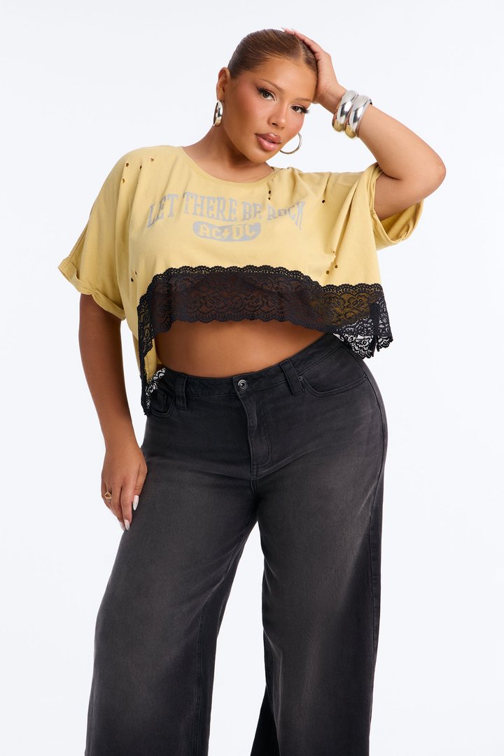 Let There Be Rock ACDC Destructed Lace Crop Tee - Yellow