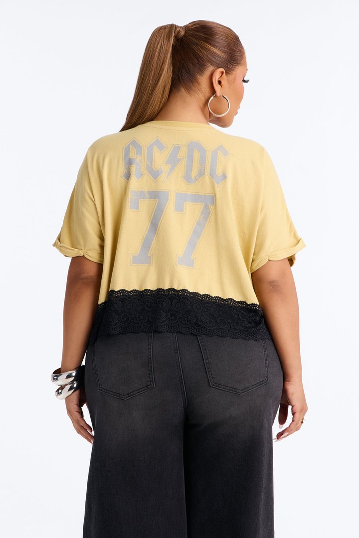 Let There Be Rock ACDC Destructed Lace Crop Tee - Yellow