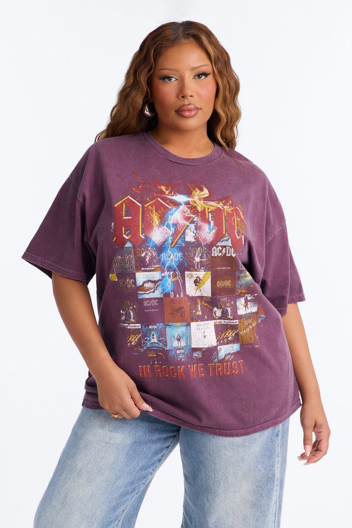 ACDC In Rock We Trust Oversized Tee - Burgundy