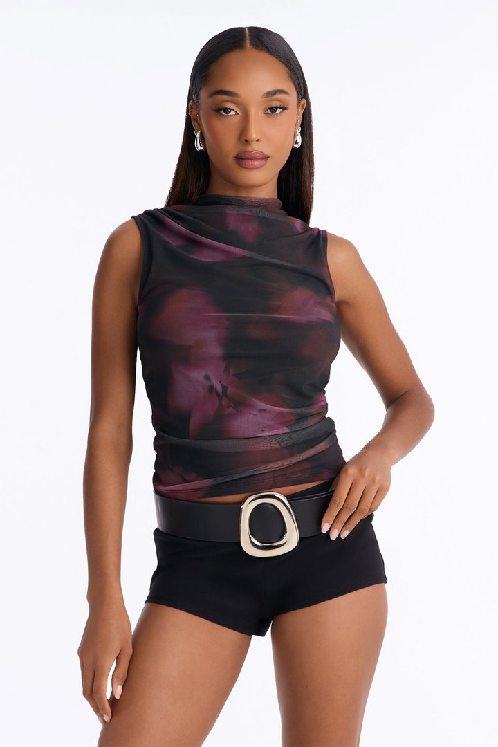 Holly Abstract Ruched Sleeveless Top - Black/combo