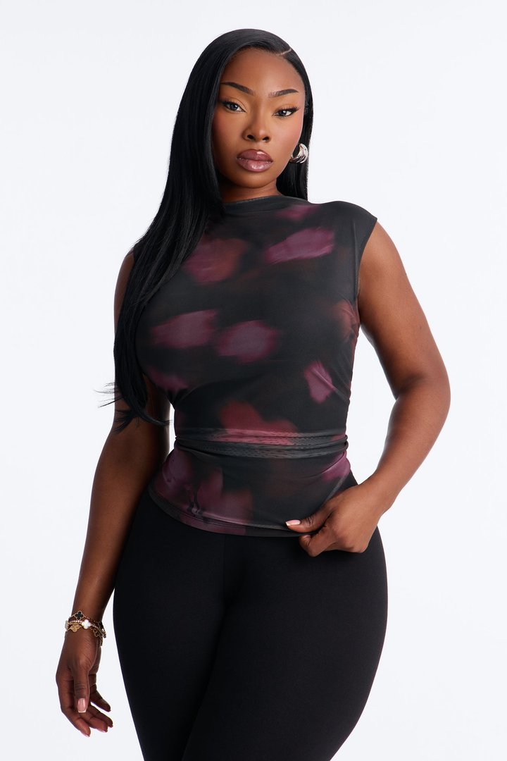 Holly Abstract Ruched Sleeveless Top - Black/combo