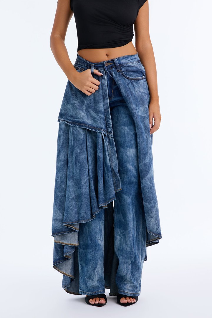 Party With Me Skirt Overlay Straight Leg Jeans - Light Wash