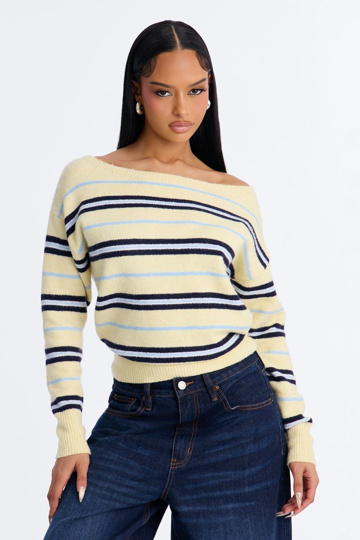 Maddie Striped Boat Neck Long Sleeve Sweater - Yellow/combo