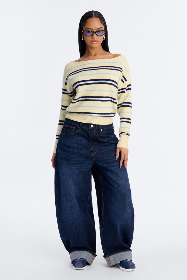 Maddie Striped Boat Neck Long Sleeve Sweater - Yellow/combo