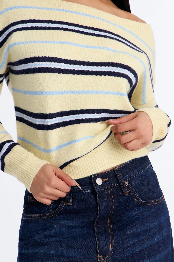 Maddie Striped Boat Neck Long Sleeve Sweater - Yellow/combo