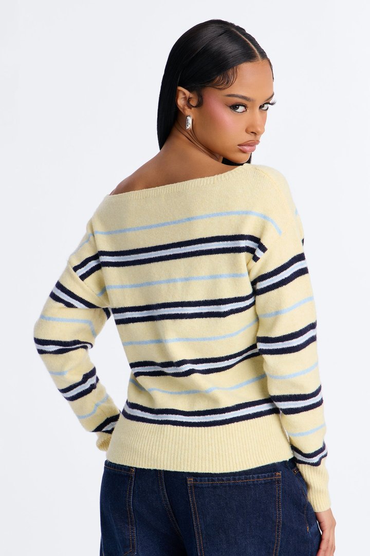 Maddie Striped Boat Neck Long Sleeve Sweater - Yellow/combo