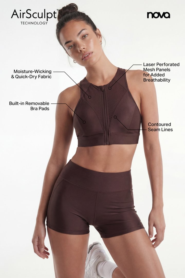 AirSculpt™ Perforated Zip Front Sports Bra - Brown