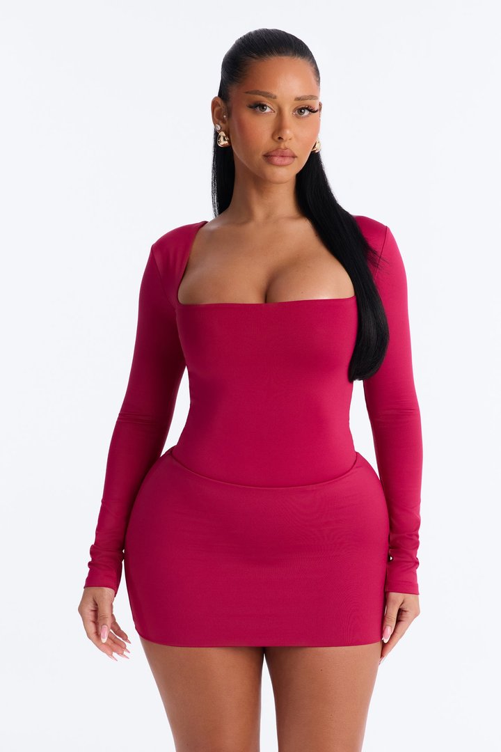 Contour Double Lined Long Sleeve Square Neck Bodysuit - Raspberry
