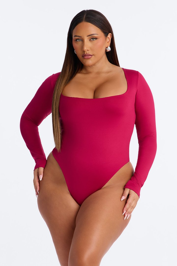 Contour Double Lined Long Sleeve Square Neck Bodysuit - Raspberry
