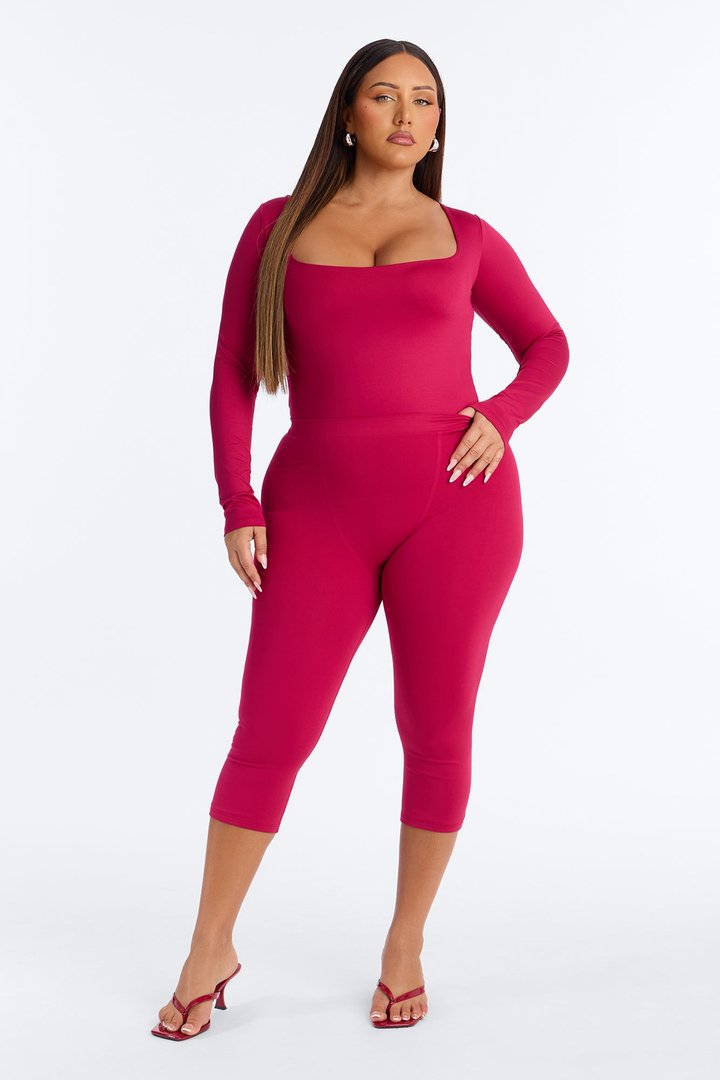 Contour Double Lined Long Sleeve Square Neck Bodysuit - Raspberry