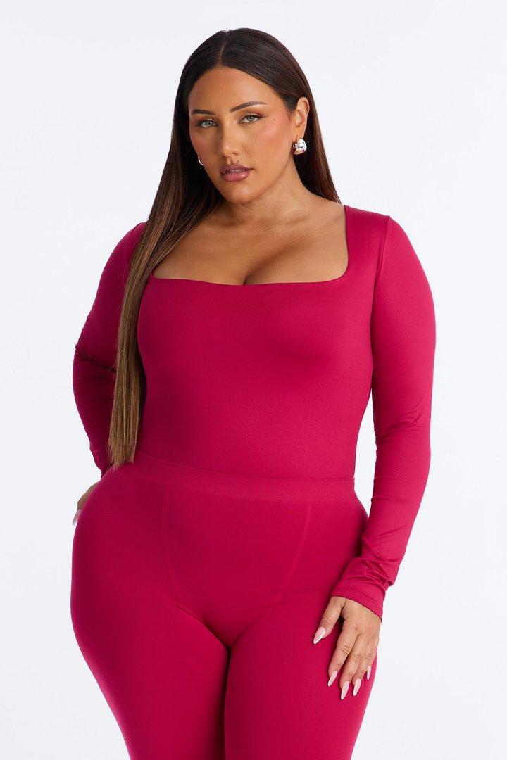 Contour Double Lined Long Sleeve Square Neck Bodysuit - Raspberry