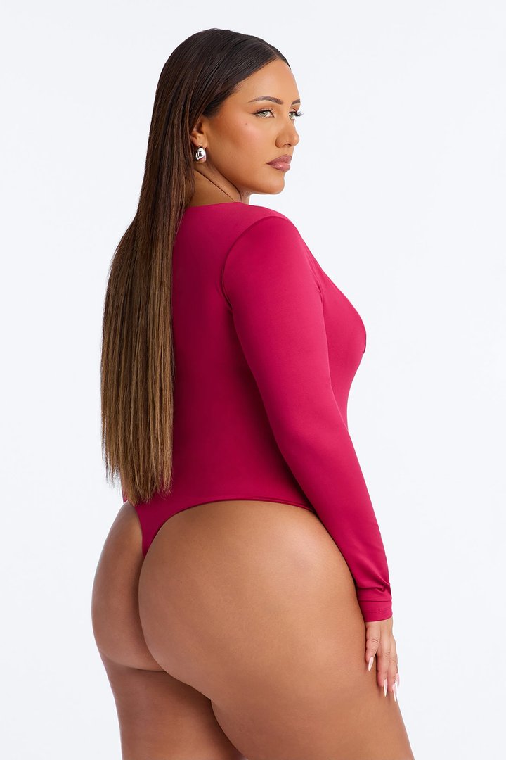 Contour Double Lined Long Sleeve Square Neck Bodysuit - Raspberry