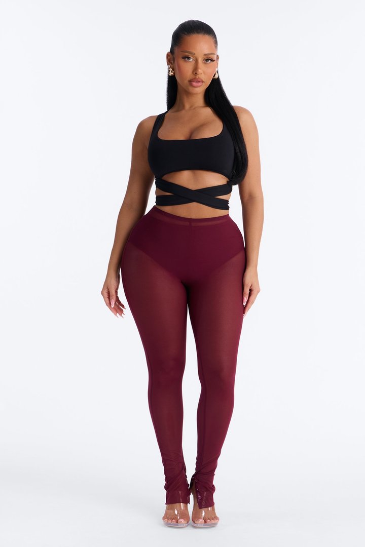 Power Mesh High Waisted Leggings - Wine