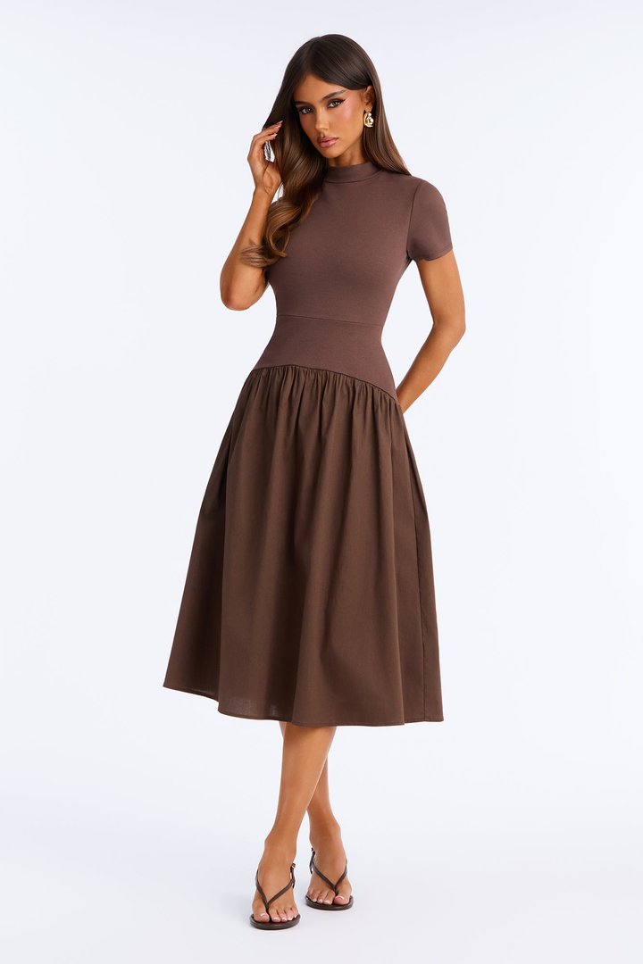 Kennedy Short Sleeve Drop Waist Midi Dress - Brown