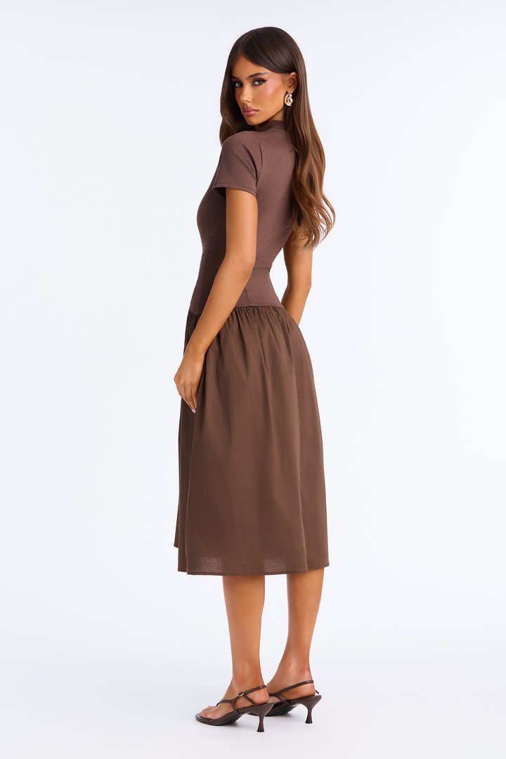 Kennedy Short Sleeve Drop Waist Midi Dress - Brown