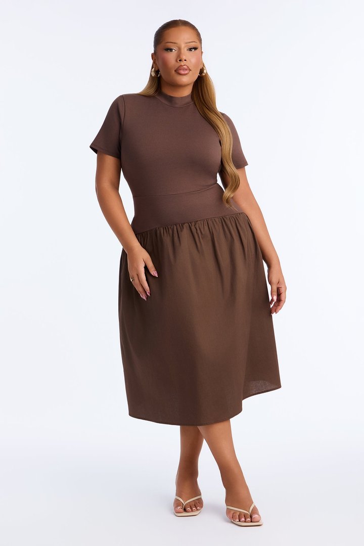 Kennedy Short Sleeve Drop Waist Midi Dress - Brown