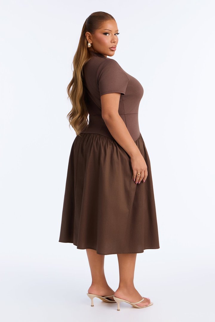 Kennedy Short Sleeve Drop Waist Midi Dress - Brown