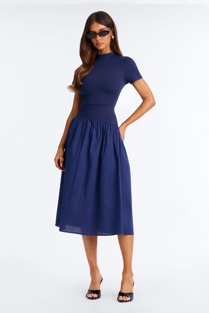 Kennedy Short Sleeve Drop Waist Midi Dress - Navy