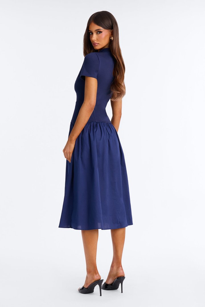 Kennedy Short Sleeve Drop Waist Midi Dress - Navy