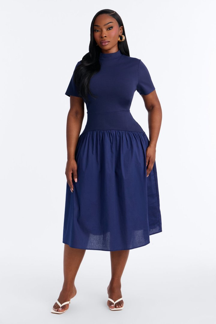 Kennedy Short Sleeve Drop Waist Midi Dress - Navy