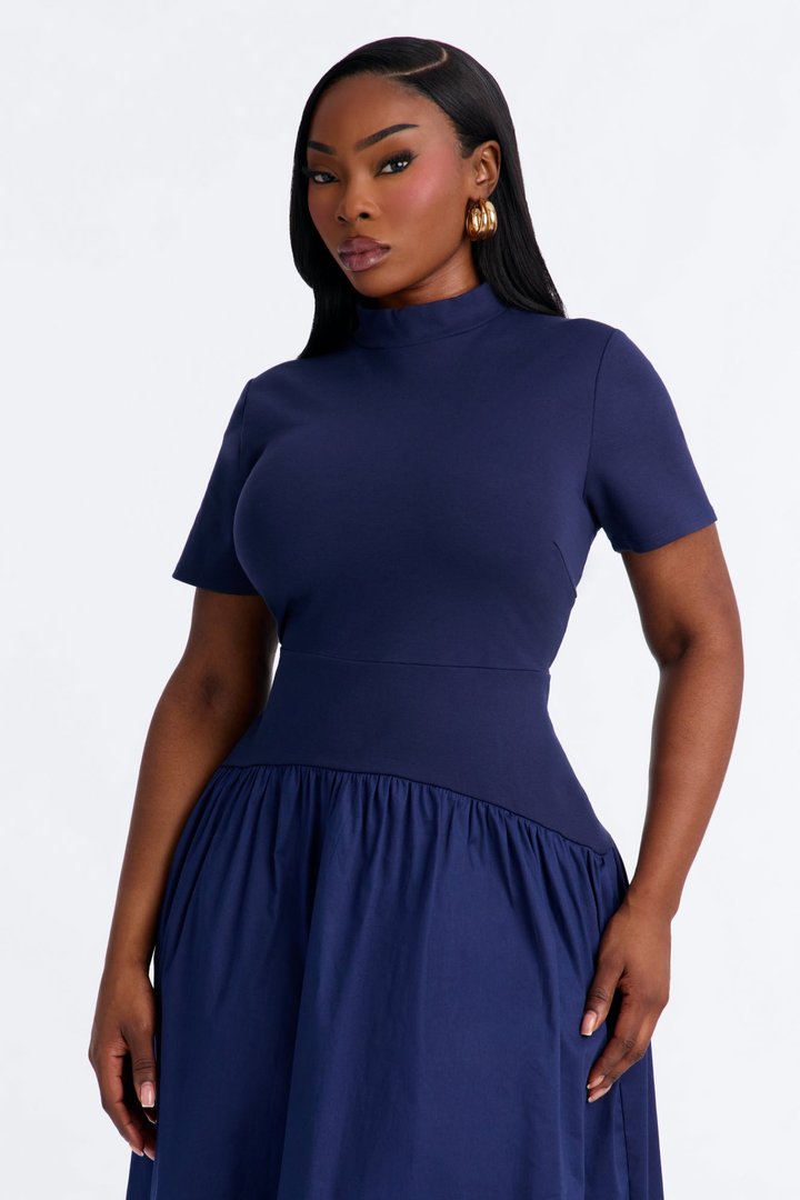 Kennedy Short Sleeve Drop Waist Midi Dress - Navy