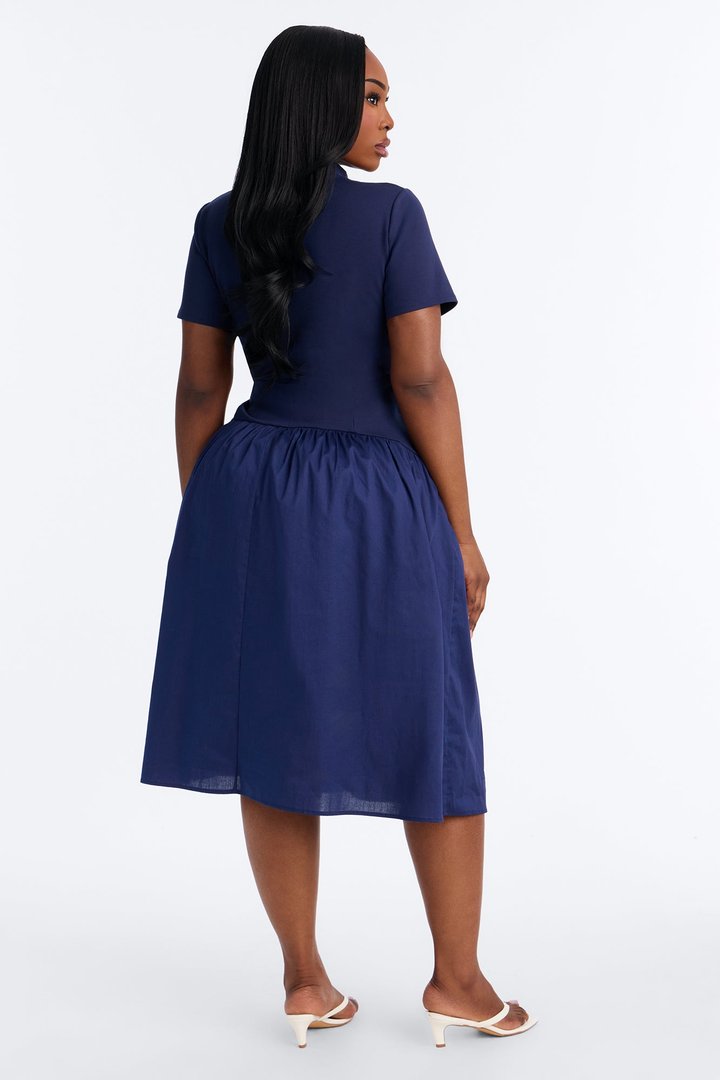 Kennedy Short Sleeve Drop Waist Midi Dress - Navy