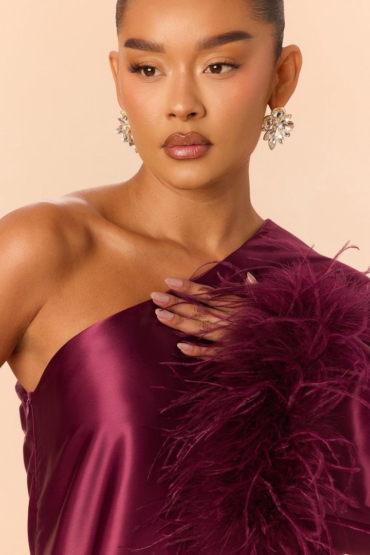 Jacqueline Feathered One Shoulder Satin Mini Dress - Wine