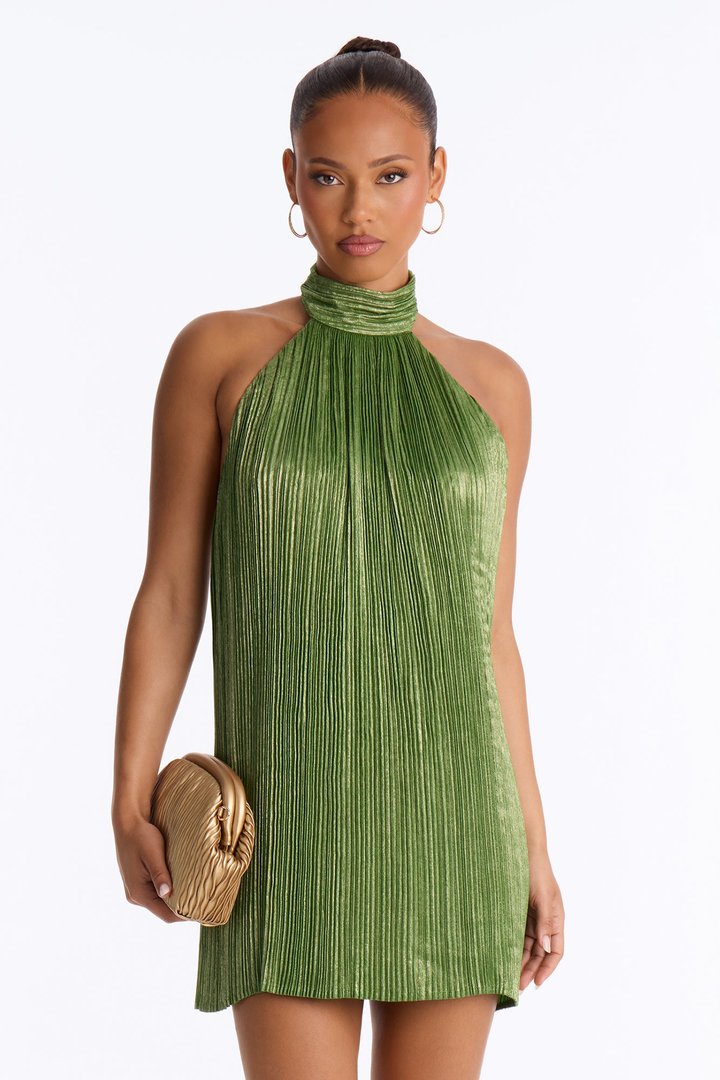 Pop Off Pleated Metallic Mini Dress - Sage
